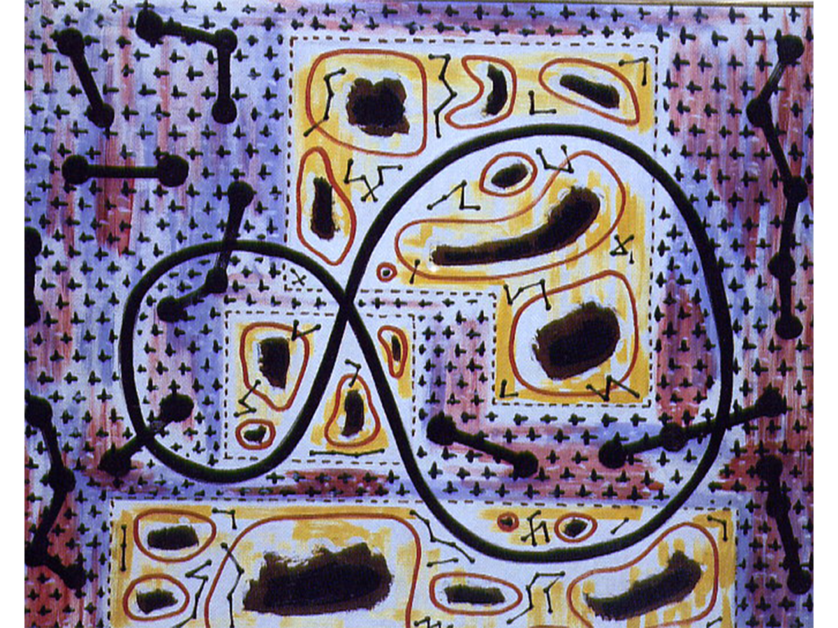 Abstract drawing of purple, black, and yellow shapes and figures.