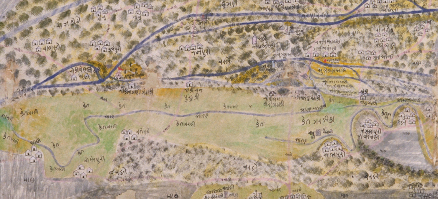 Drawn map with homes, topography, and labels.